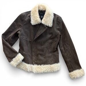 Moda International Med Brown Genuine Leather Lamb Fur Shearling Trim Moto Jacket